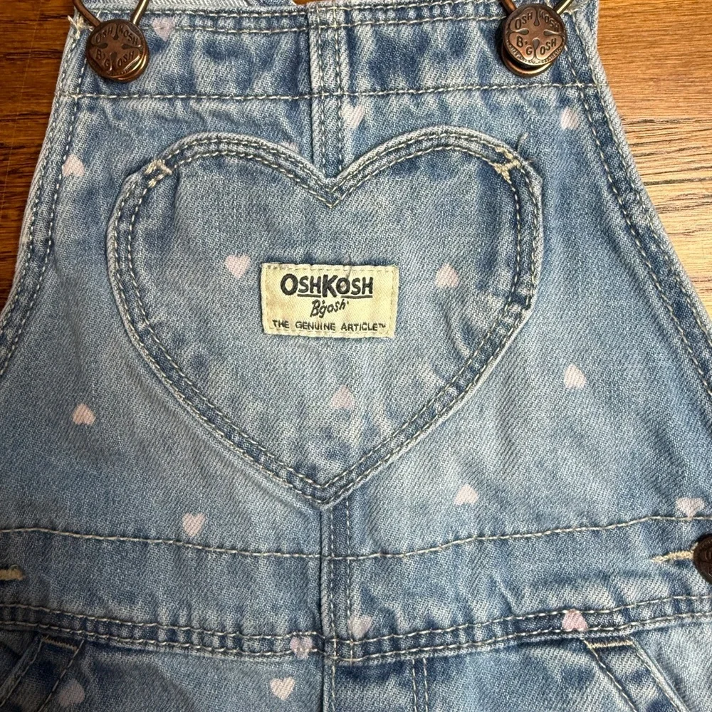 OshKosh B'gosh Girls Light Blue Denim Overalls Pink Hearts Prints Valentine’s 2T